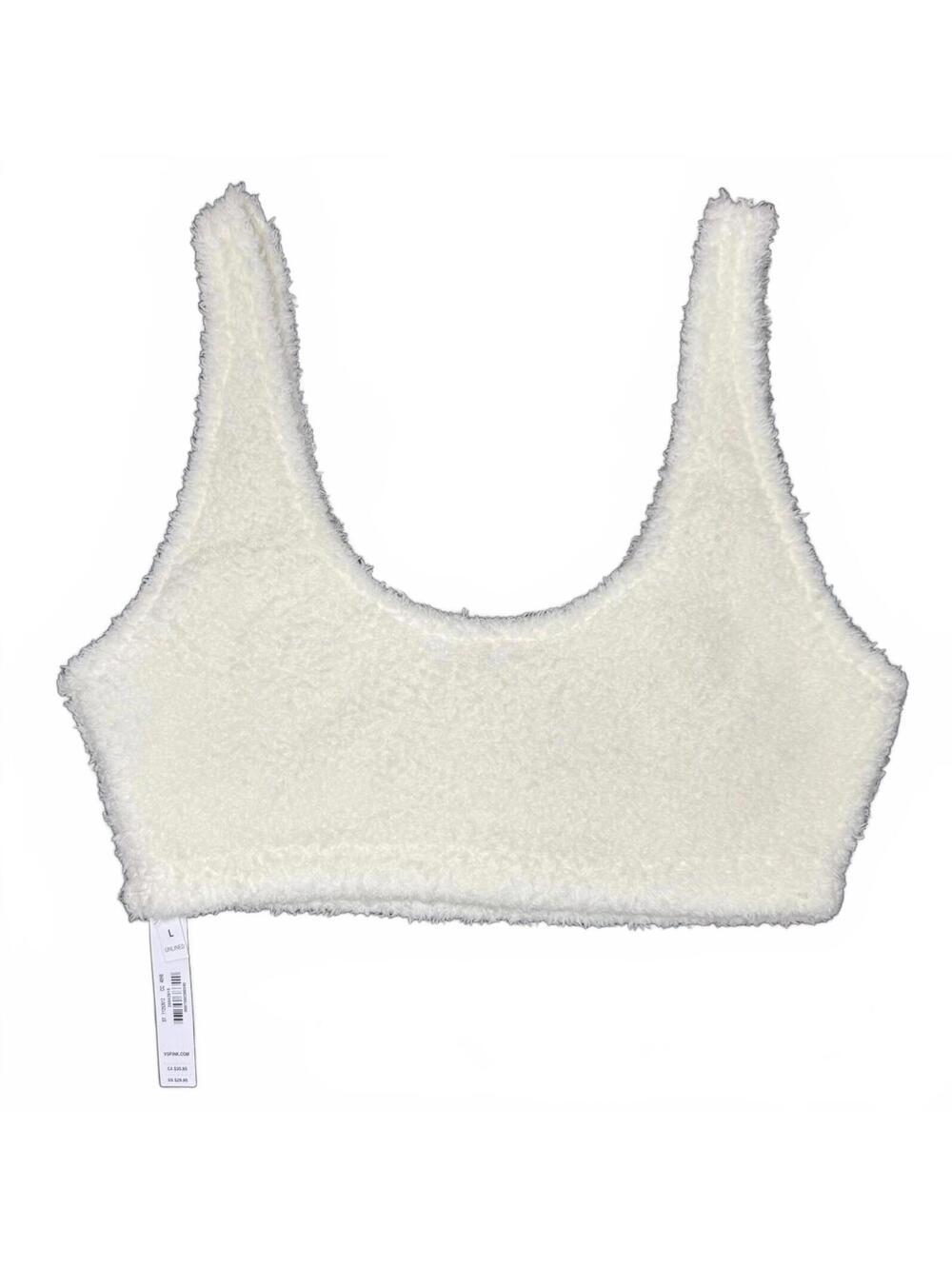 NWT PINK by Victoria's Secret Cream Fuzzy Co-ZZZy Fleece Bralette Size L